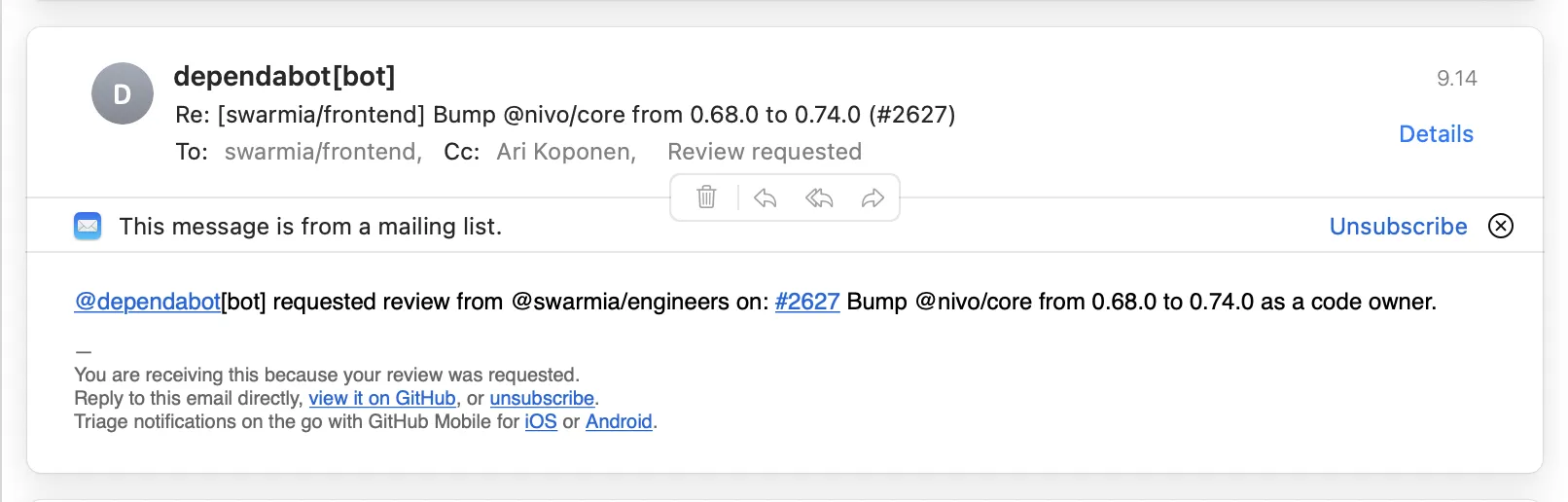 Example of an email sent from a PR based on a CODEOWNERS file