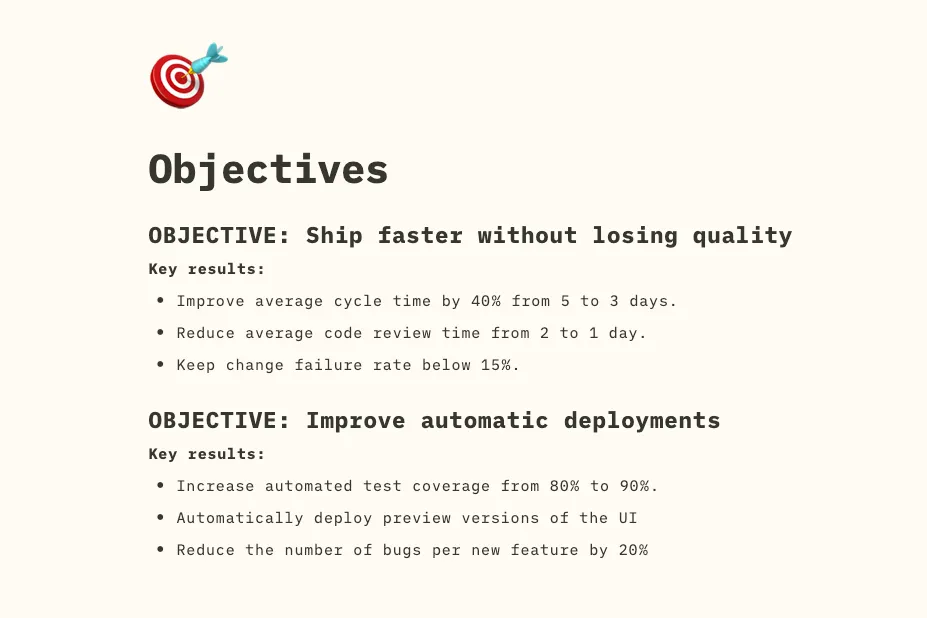 Example of two engineering team objectives and related key results