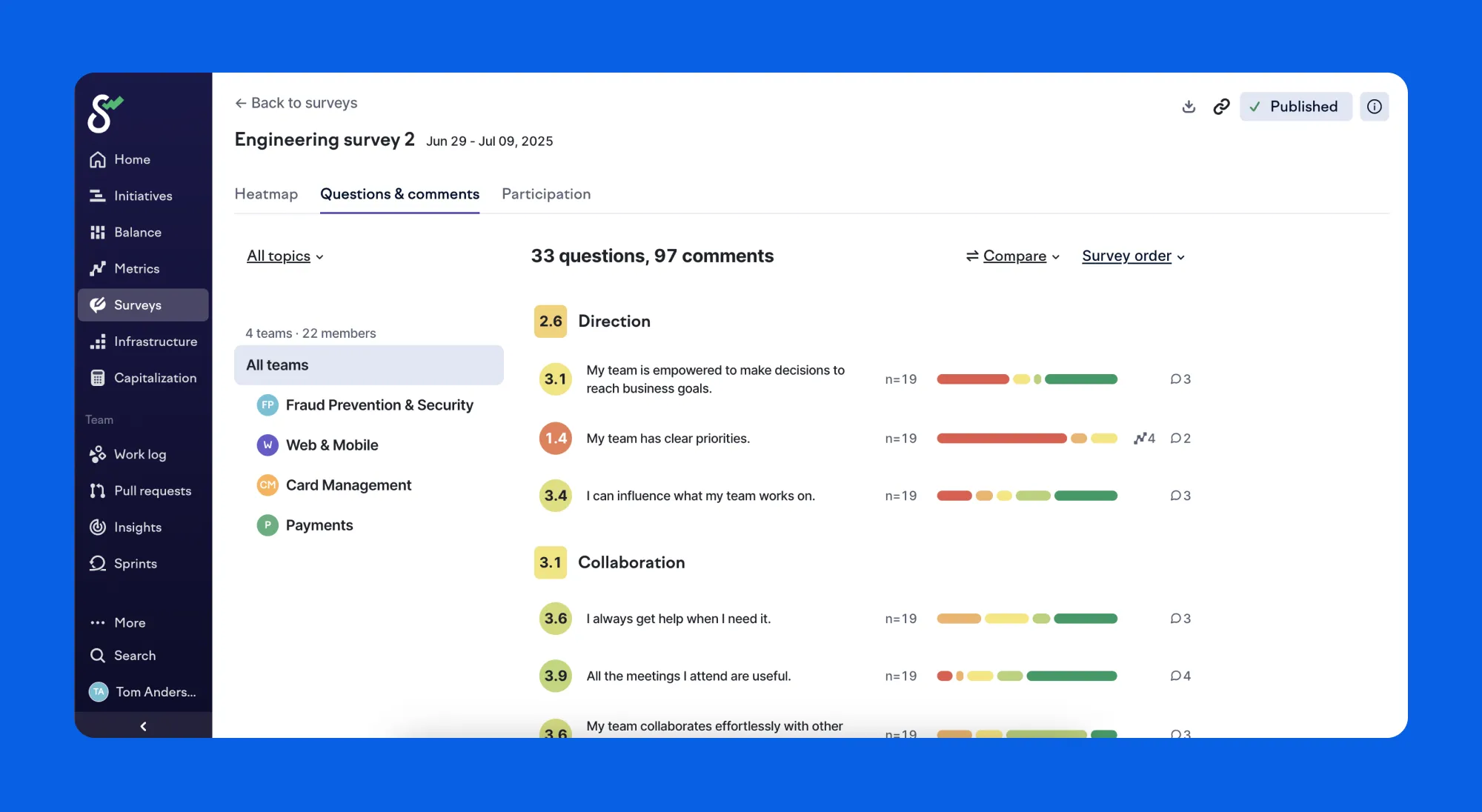 Developer experience survey results page in Swarmia. Developer experience survey results page in Swarmia.