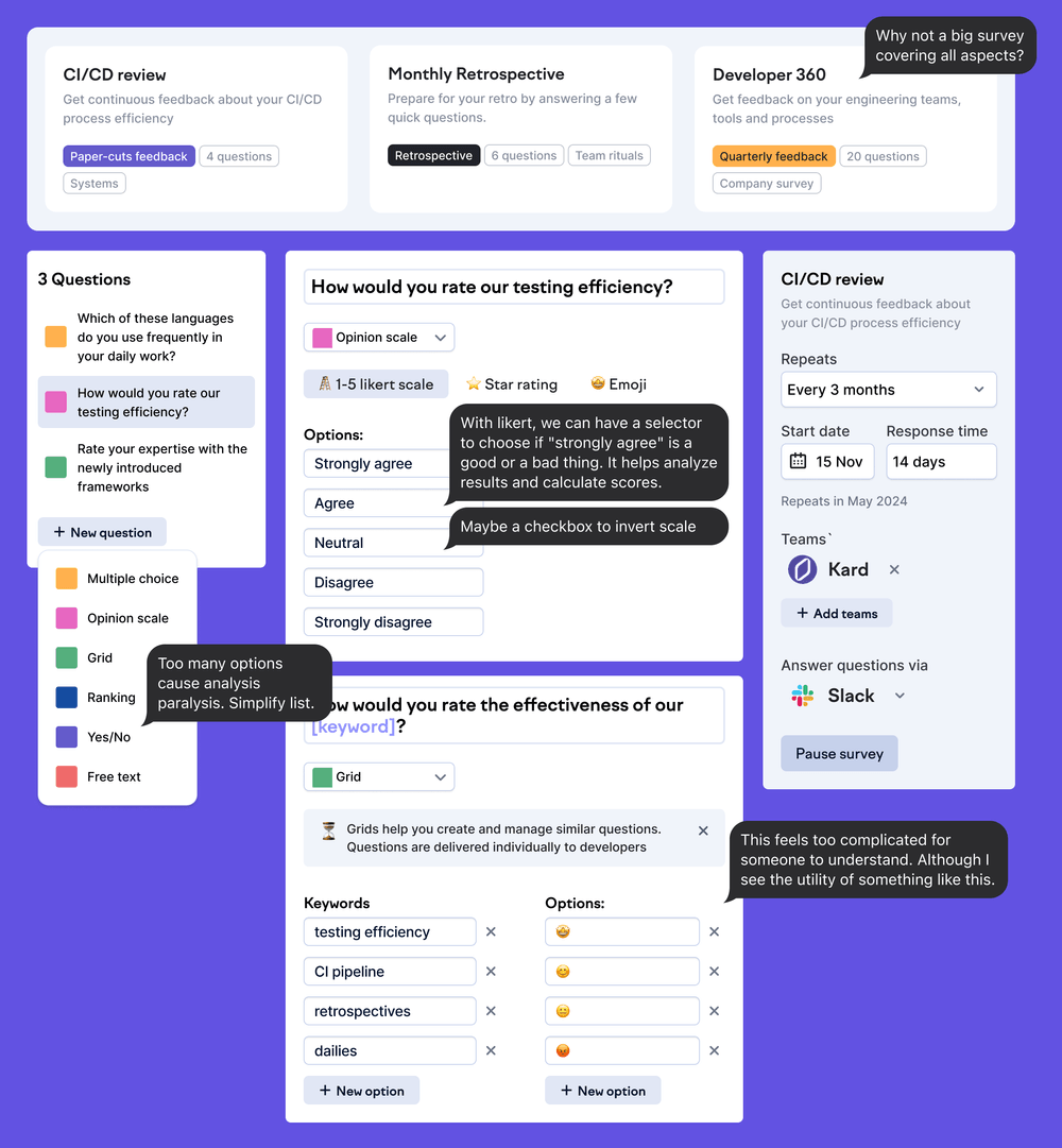 E.g. Brainstorming the survey creation flow. Visualizing ideas helps spark team discussions and accelerate product development.