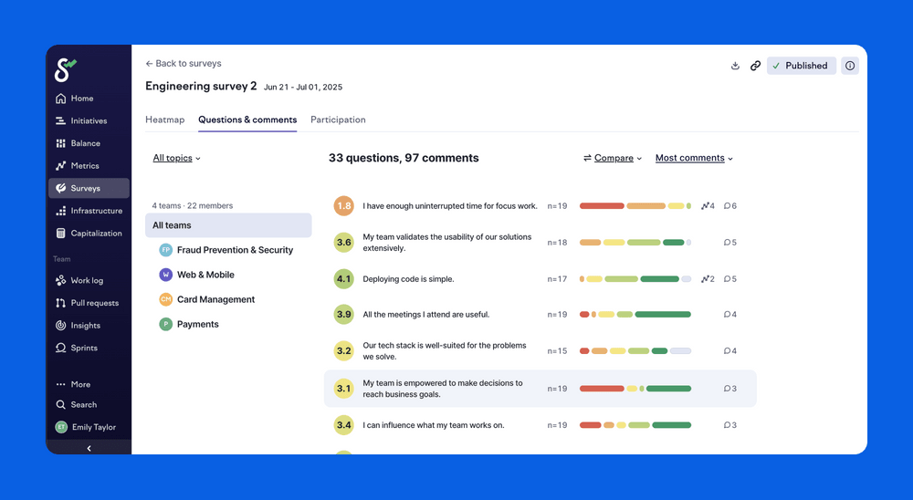 Swarmia surveys capture qualitative and quantitative data on developer sentiment.