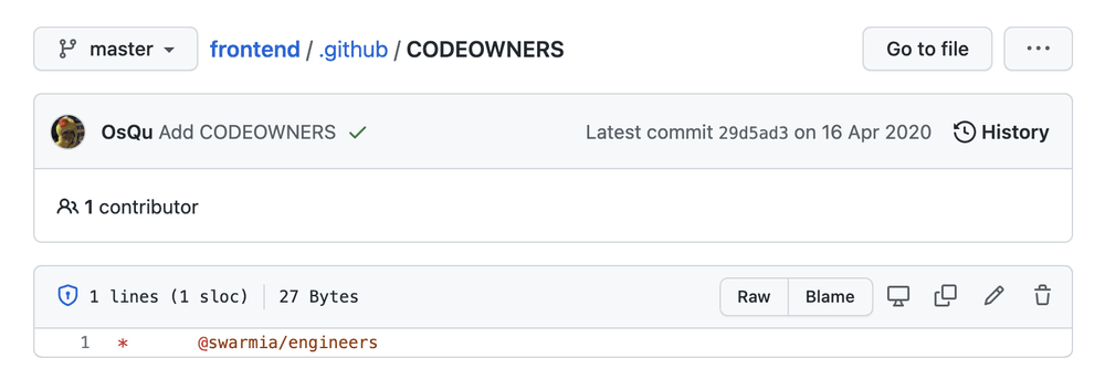 Example of a CODEOWNERS file from Swarmia’s frontend repository telling GitHub to notify @swarmia/engineers team whenever a new PR is opened