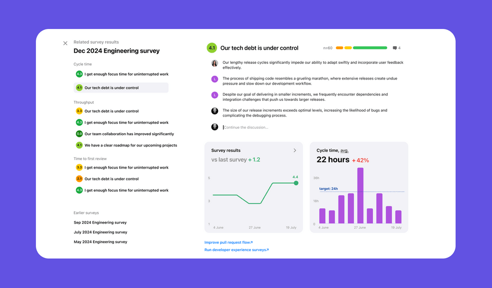 Example UI connecting survey results to metrics.